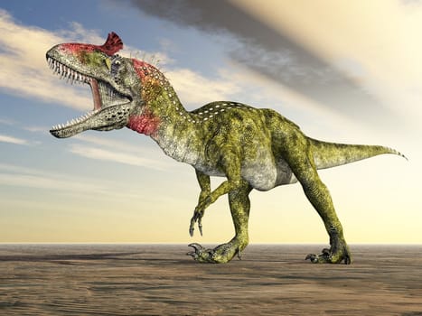 Computer-generated 3D illustration with the dinosaur Cryolophosaurus at sunset