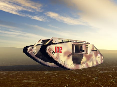 Computer-generated 3D illustration with a British tank from the First World War