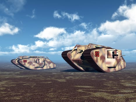Computer-generated 3D illustration with two British tanks from the First World War