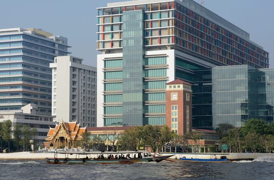 Spotal Sirirat Hospital on the Mae Nam Chao Phraya River in The Capital Bangkok of Thailand in South East Asia.
