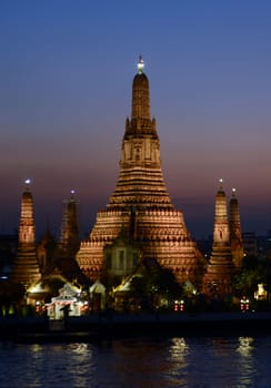 The temple complex of Wat Arun on the Mae Nam Chao Phraya River in the capital Bangkok of Thailand in South East Asia.