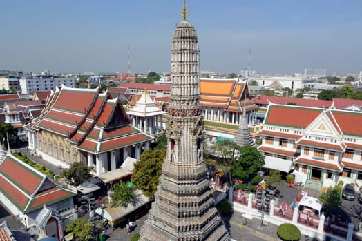 The temple complex of Wat Arun on the Mae Nam Chao Phraya River in the capital Bangkok of Thailand in South East Asia.