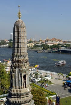 The temple complex of Wat Arun on the Mae Nam Chao Phraya River in the capital Bangkok of Thailand in South East Asia.