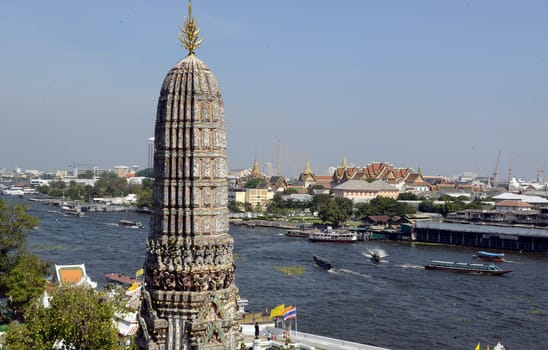 The temple complex of Wat Arun on the Mae Nam Chao Phraya River in the capital Bangkok of Thailand in South East Asia.