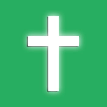 Glowing cross symboll on a green background. Flat design elemen.