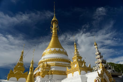 The Wat Jong Kham and Jong Klang temple on Lake Nong Jong Kham in the village of Mae Hong Son in northern Thailand in South East Asia.