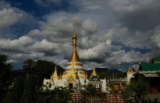 The Wat Jong Kham and Jong Klang temple on Lake Nong Jong Kham in the village of Mae Hong Son in northern Thailand in South East Asia.