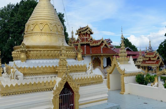 The Wat Jong Kham and Jong Klang temple on Lake Nong Jong Kham in the village of Mae Hong Son in northern Thailand in South East Asia.