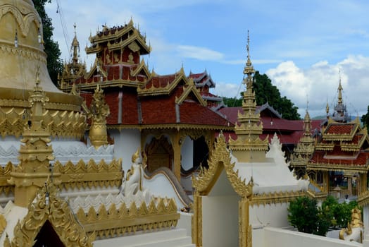 The Wat Jong Kham and Jong Klang temple on Lake Nong Jong Kham in the village of Mae Hong Son in northern Thailand in South East Asia.