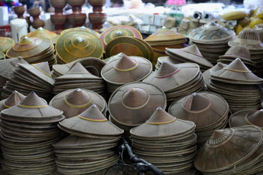 The market in the village of Mae Hong Son in the north of Thailand in South East Asia.