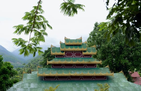Der Tempel Wat Phra That Doi Kong Mu ueber dem Dorf Mae Hong Son im norden von Thailand in Suedostasien.