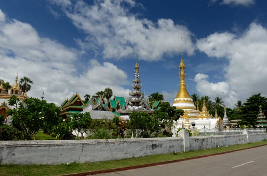 The Wat Jong Kham and Jong Klang temple on Lake Nong Jong Kham in the village of Mae Hong Son in northern Thailand in South East Asia.