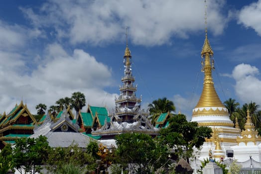 The Wat Jong Kham and Jong Klang temple on Lake Nong Jong Kham in the village of Mae Hong Son in northern Thailand in South East Asia.