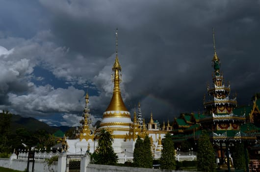The Wat Jong Kham and Jong Klang temple on Lake Nong Jong Kham in the village of Mae Hong Son in northern Thailand in South East Asia.