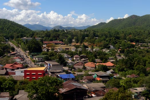 View from a plane landing on the village of Mae Hong Son in northern Thailand in South East Asia.