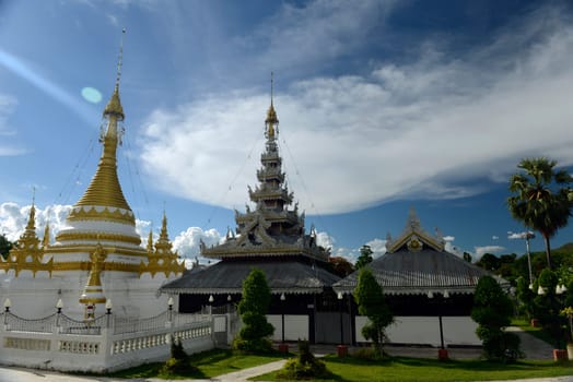 The Wat Jong Kham and Jong Klang temple on Lake Nong Jong Kham in the village of Mae Hong Son in northern Thailand in South East Asia.
