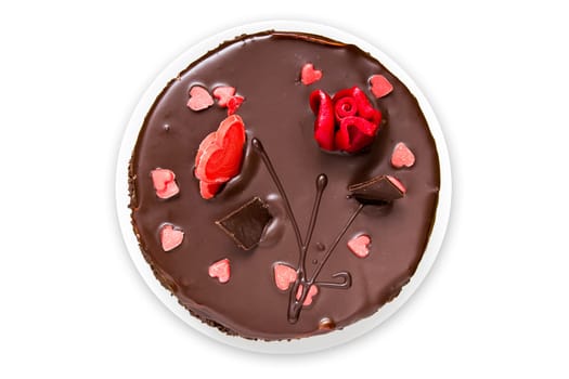 Top view of chocolate cake , isolated on white background