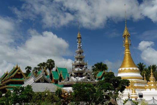 The Wat Jong Kham and Jong Klang temple on Lake Nong Jong Kham in the village of Mae Hong Son in northern Thailand in South East Asia.