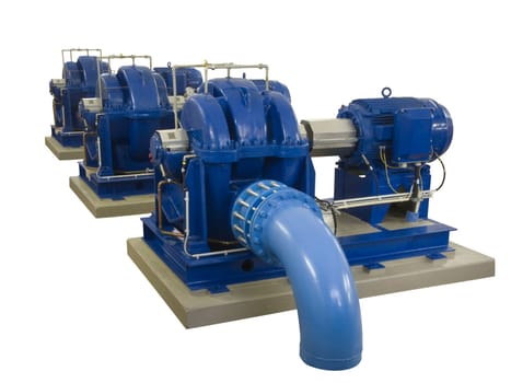 three consecutive blue industrial pumps with electric motors on concrete base insulated on a white background