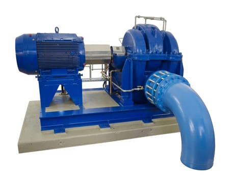 blue industrial pump with electric motor insulated on concrete base on white background