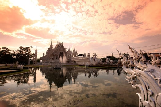 The temple Wat Rong Khun 12 km south of Chiang Rai in the province of chiang Rai in the north of Thailand in South East Asia.