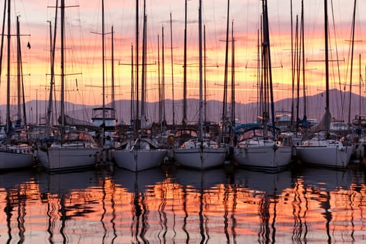Saint-Tropez,Marina in the Evening Light,Cote d'Azur,Provence,South of France - Saint-Tropez,marina with water reflection in the sunset light,Cote d'Azur,Provence,Southern France