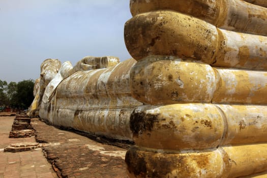 The Reclining Buddha at Wat Lokaya Sutha Temple in the temple city of Ayutthaya,Thailand.