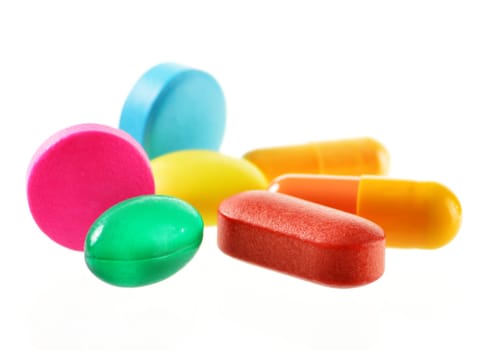 Composition with drug pills isolated on white background