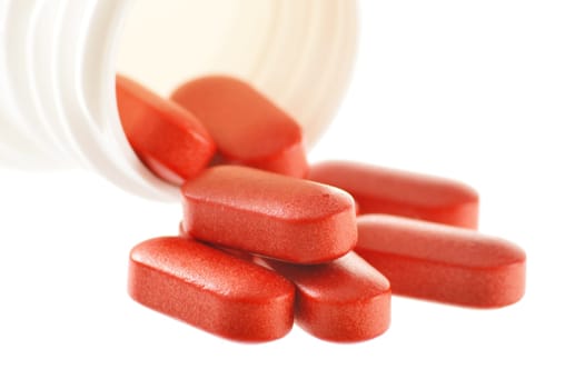 Composition with drug pills isolated on white background