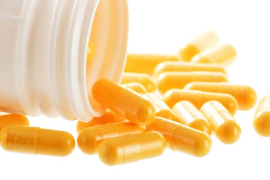 Composition with drug pills isolated on white background