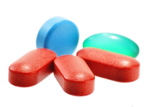 Composition with drug pills isolated on white background