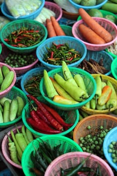 Gemuese at the market of Nonthaburi in the north of Bangkok the capital of Thailand in South East Asia.