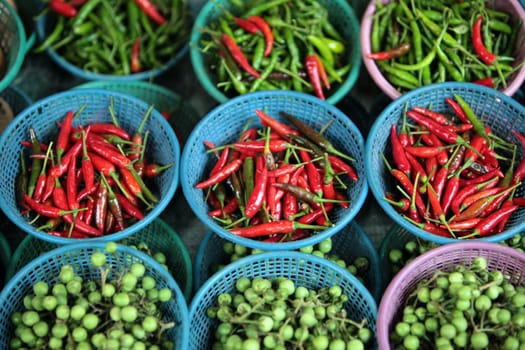 Chili at the market of Nonthaburi in the north of Bangkok the capital of Thailand in South East Asia.
