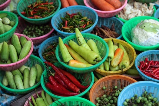 Gemuese at the market of Nonthaburi in the north of Bangkok the capital of Thailand in South East Asia.