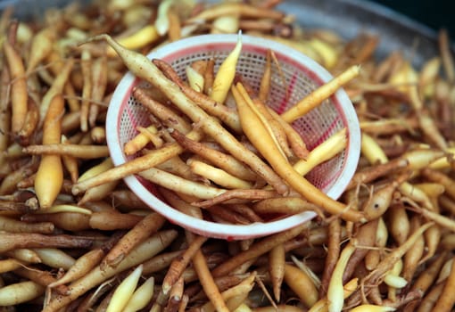 Root Gemuese at the market of Nonthaburi in the north of Bangkok the capital of Thailand in South East Asia.