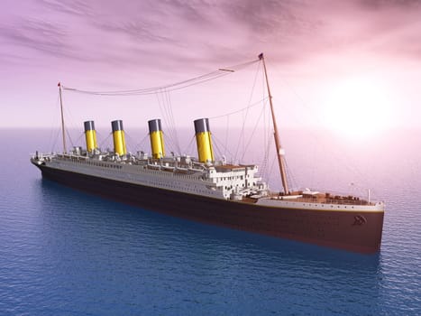 Computer-generated 3D illustration with a passenger ship at sunset