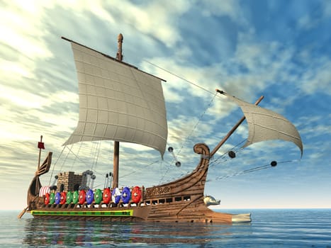 Computer-generated 3D illustration with a row-driven warship from ancient Rome