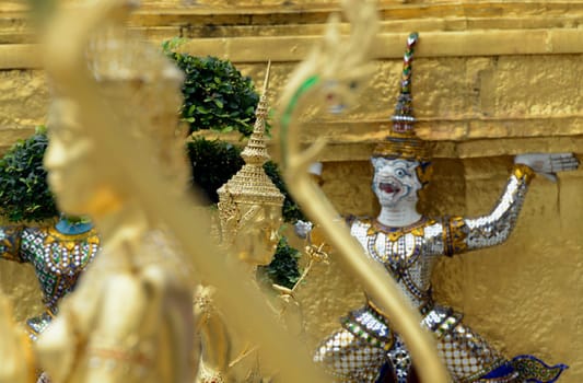 The temple complex of Wat Phra Kaew in the capital Bangkok of Thailand in South East Asia.