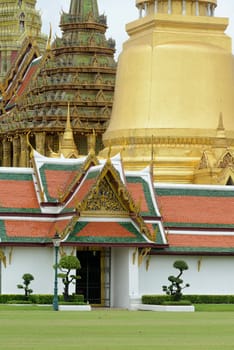 The temple complex of Wat Phra Kaew in the capital Bangkok of Thailand in South East Asia.