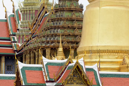 The temple complex of Wat Phra Kaew in the capital Bangkok of Thailand in South East Asia.