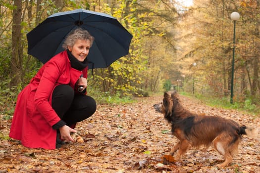 Middle aged woman in the autumn forest with her dog