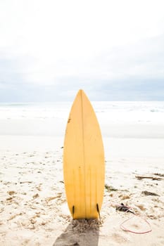 Yellow surfboard standing upright in sand on beach with ocean and sky in background