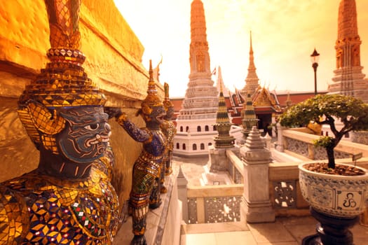 A Ramakien figure inside Wat Phra Keo in the temple gelaende at the Royal Palace in the historic center of the capital Bangkok in Thailand.