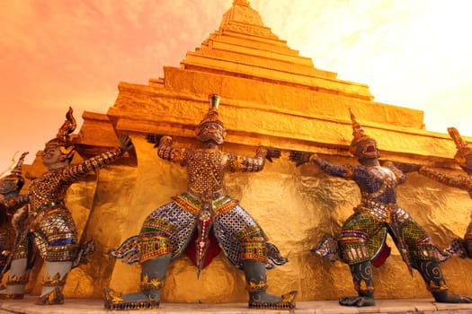 A Ramakien figure inside Wat Phra Keo in the temple gelaende at the Royal Palace in the historic center of the capital Bangkok in Thailand.