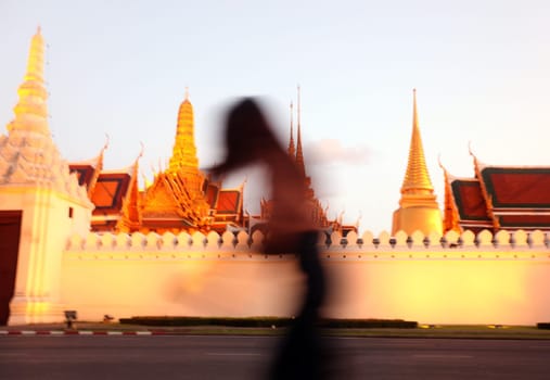 The temple gelaende in the evening atmosphere with Wat Phra Keo at the Royal Palace in the historical center of the capital Bangkok in Thailand.