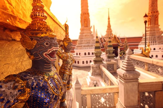 A Ramakien figure inside Wat Phra Keo in the temple gelaende at the Royal Palace in the historic center of the capital Bangkok in Thailand.