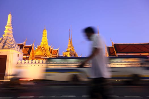 The temple gelaende in the evening atmosphere with Wat Phra Keo at the Royal Palace in the historical center of the capital Bangkok in Thailand.