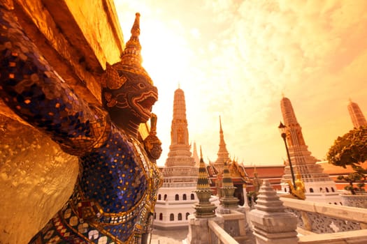 A Ramakien figure inside Wat Phra Keo in the temple gelaende at the Royal Palace in the historic center of the capital Bangkok in Thailand.