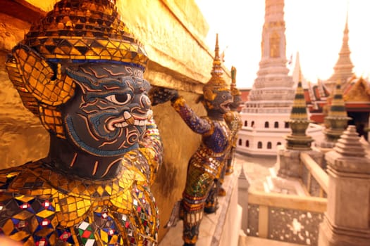 A Ramakien figure inside Wat Phra Keo in the temple gelaende at the Royal Palace in the historic center of the capital Bangkok in Thailand.