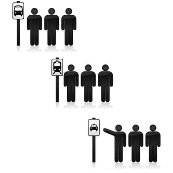 Icon set showing a bus stop, as well as a train and taxi stops